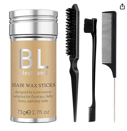 4Pcs Hair Wax Stick & Slick Back Hair Brush Versatile Hair Styling Set, Hair Wax Stick for Flyaways & Wigs Hair Tamer Styling, Edge Brush, Teasing Brush and Rat Tail Combs for Women Girls (Black)